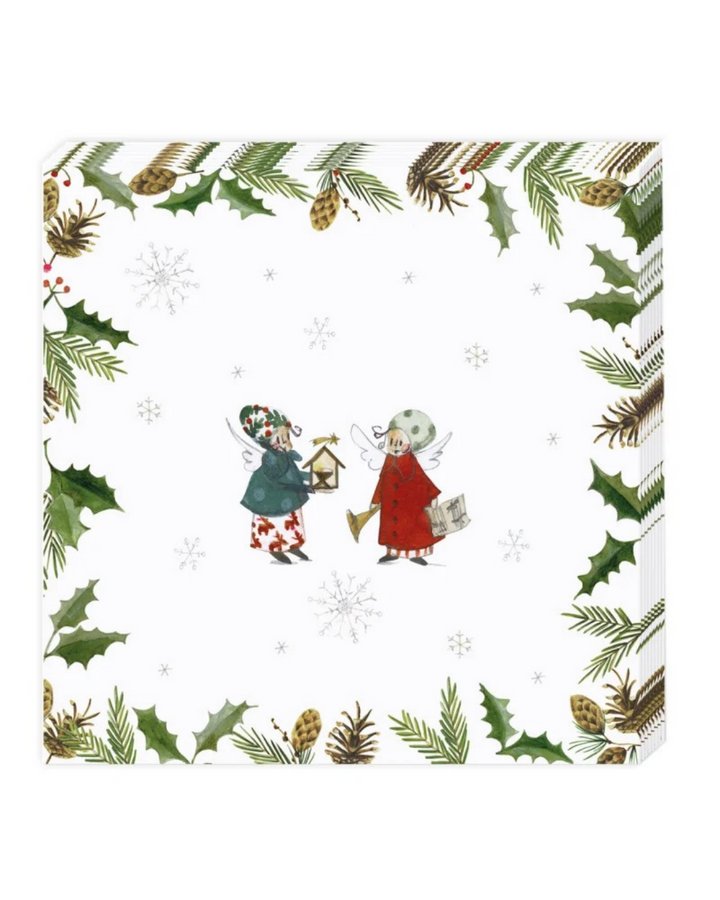 Cocktailserviette "Weihnachtsengel" vom Grätz Verlag. Mit liebevollen Engelchenillustrationen von Silke Leffler, welche von kräftigem Wintergrün umgeben sind.