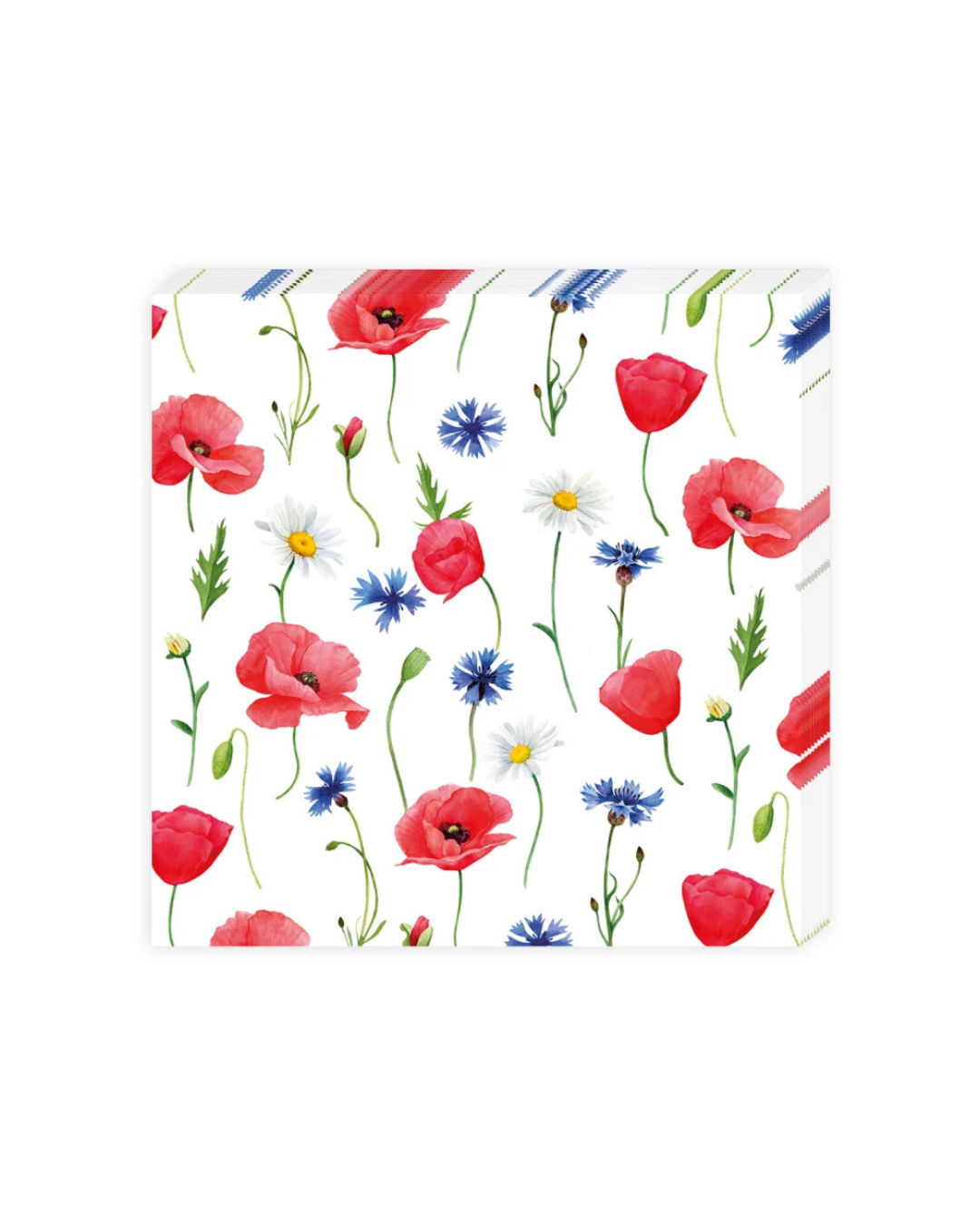 Cocktailservietten „Blumenmeer“ vom Grätz Verlag mit Illustrationen von roten Mohnblumen, weißen Margeriten und blauen Kornblumen auf weißem Hintergrund, frontal dargestellt.