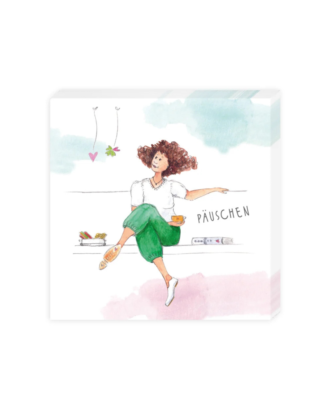 Cocktailservietten Frauenpower vom Grätz Verlag mit Illustration einer Frau beim Päuschen und Schriftzug, Design Karin Tauer