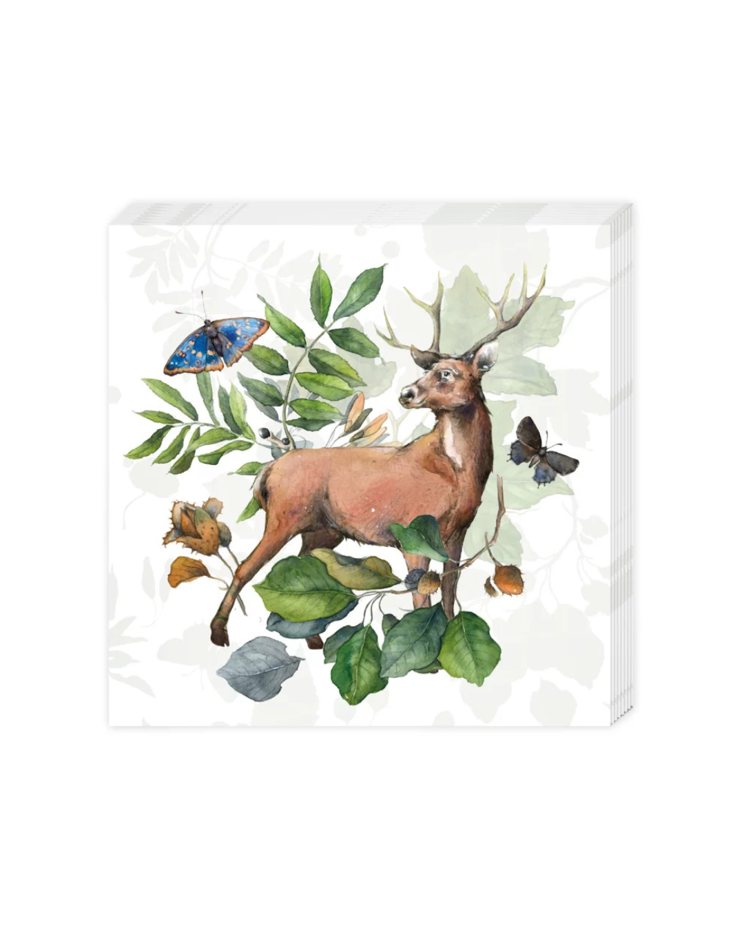 Serviette mit Hirsch und Waldmotiven vom Grätz Verlag, Illustration mit Blättern, Schmetterlingen und Waldtieren.