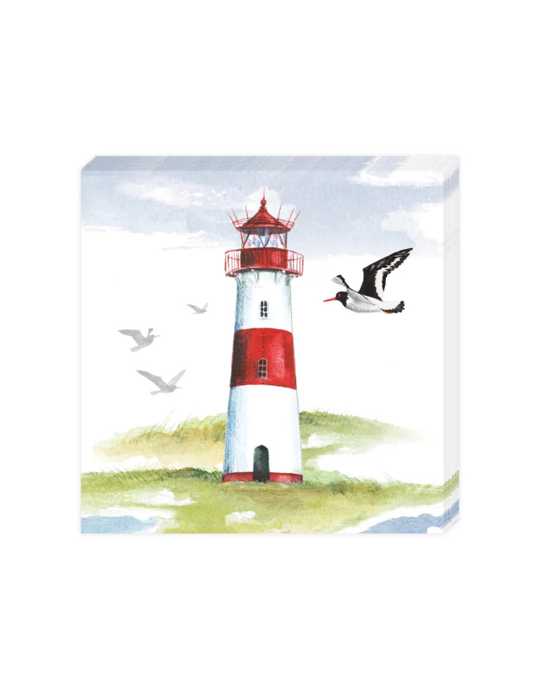 Cocktailservietten „Leuchtturm“ vom Grätz Verlag mit rot-weißem Leuchtturm, grüner Dünenlandschaft und fliegenden Möwen auf hellem Hintergrund, frontal dargestellt.