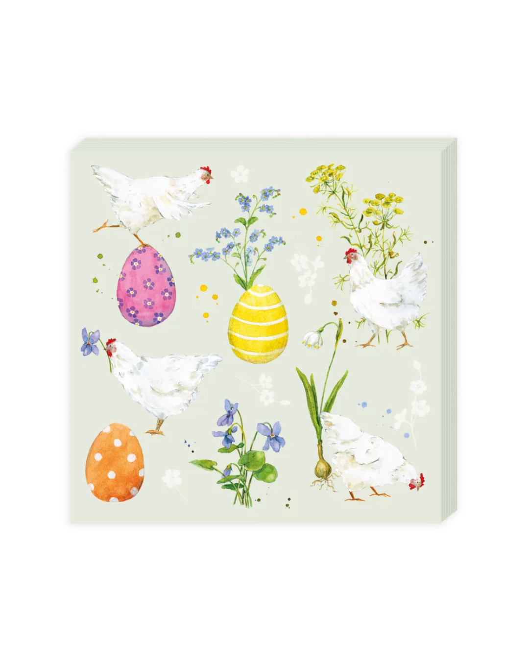 Cocktailservietten „Ostereier“ vom Grätz Verlag mit Illustrationen von weißen Hühnern, bemalten Ostereiern und Frühlingsblumen auf hellem Hintergrund, frontal dargestellt.