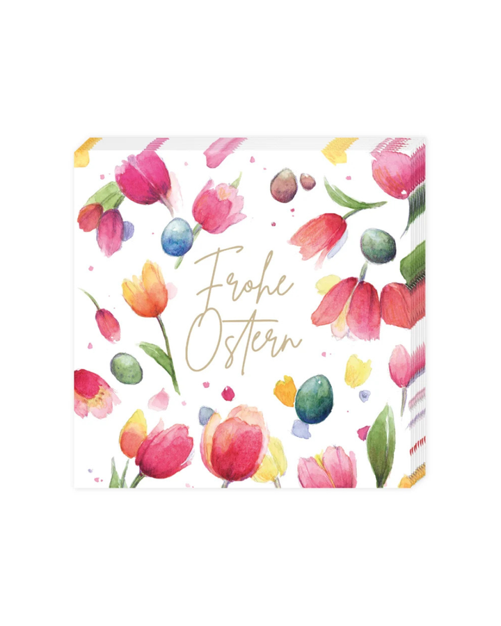 Cocktailservietten Ostern vom Grätz Verlag mit Tulpen, bunten Ostereiern und Schriftzug Frohe Ostern, Design Sophia Drescher