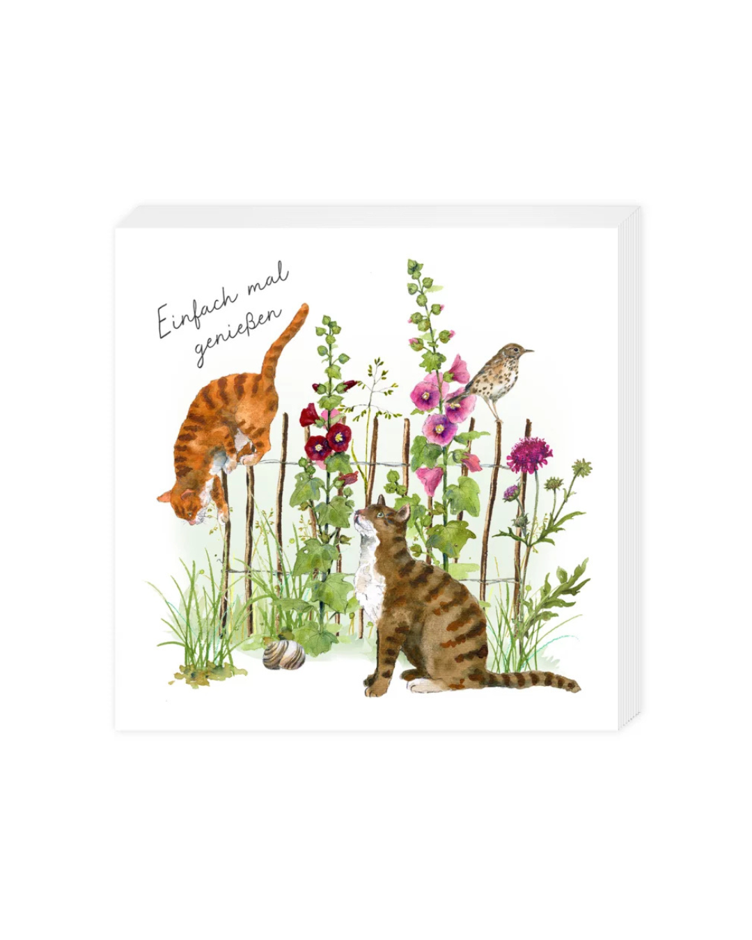 Cocktailservietten „Stockrosen“ vom Grätz Verlag mit Katzenillustrationen, Vogel, blühenden Stockrosen und dem Schriftzug „Einfach mal genießen“, frontal dargestellt auf weißem Hintergrund.