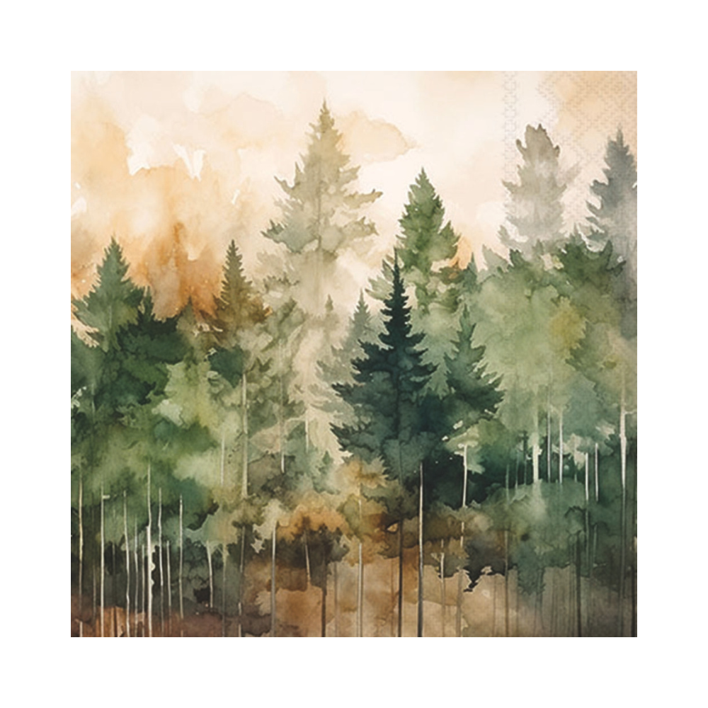 Cocktailservietten Tannenwald von Ambiente mit Waldmotiv in Grün- und Brauntönen vor weißem Hintergrund.