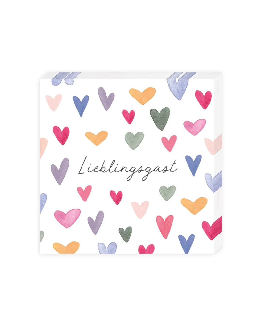 Cocktailservietten „Von Herzen“ vom Grätz Verlag mit bunten, handgemalten Herzmotiven und Schriftzug „Lieblingsgast“, frontal dargestellt auf weißem Hintergrund.