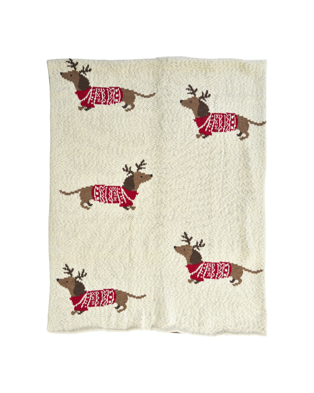 Dackel Decke "Merry Dogs 130 170" von Sander Table Home vor weißen Hintergrund. Die Decke ist weiß mit kleinen Dackeln mit Weihnachtspullovern  und einem Rentier Geweih.