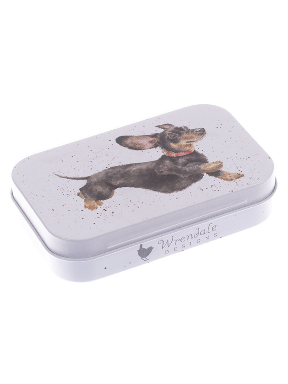 Hunde-Dose von Wrendale Designs mit springendem Hund auf dem Deckel, weißer Hintergrund, rechteckige Metalldose mit abgerundeten Ecken und feinen Farbsprenkeln.