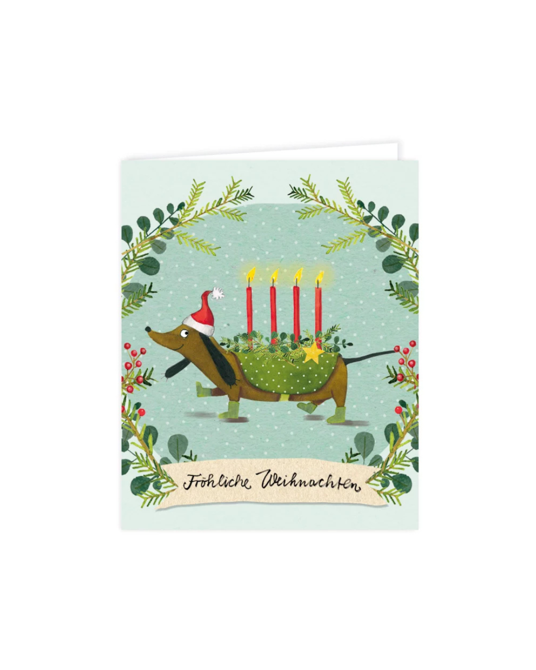Weihnachtskärtchen mit Dackel, der einen Adventskranz mit Kerzen trägt, Grätz Verlag