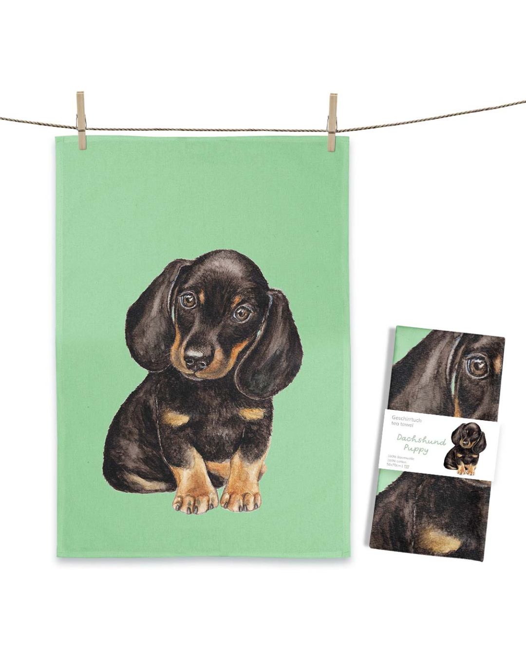 Geschirrtuch „Dachshund Puppy“ von Maluu mit Dackelwelpe auf mintgrünem Hintergrund