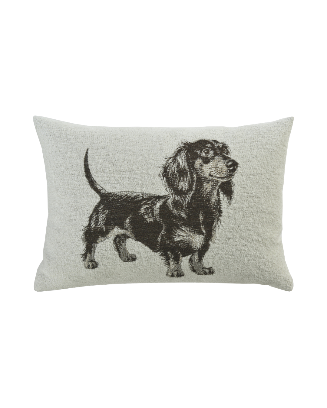 Bild 1
Auf diesem Kissenbezug ist ein detailreiches Motiv eines niedlichen Dackels in dunkler Farbe auf weißem Hintergrund abgebildet. Der Kissenbezug hat die Größe 40x60 cm.