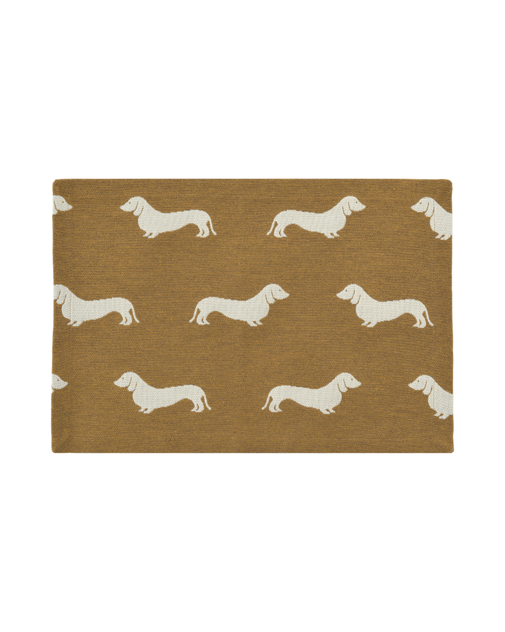 Auf dem zweiten Bild ist das Dackel Tischset "Toto" von Sander in Safran abgebildet. Das All-Over-Muster zeigt niedliche weiße Dackel auf farbigen Flächen.