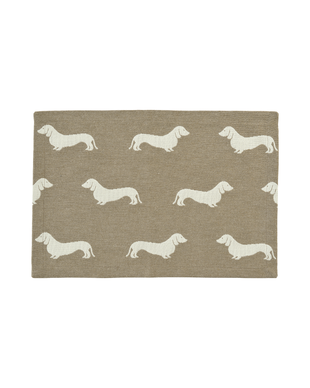 Auf diesem Tischset ist ein detailreiches All-Over-Muster niedlicher weißer Dackel auf farbigen Flächen in Safran abgebildet.