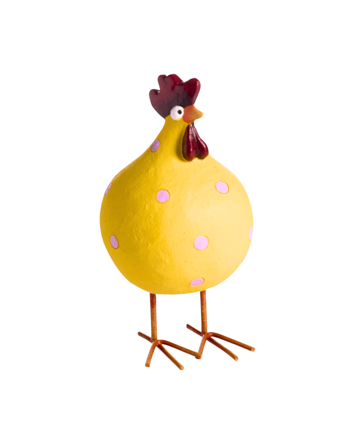 Mittleres Huhn „Poppy mit Beinen“ von Nääsgränsgården in Gelb mit Punkten und Drahtbeinen