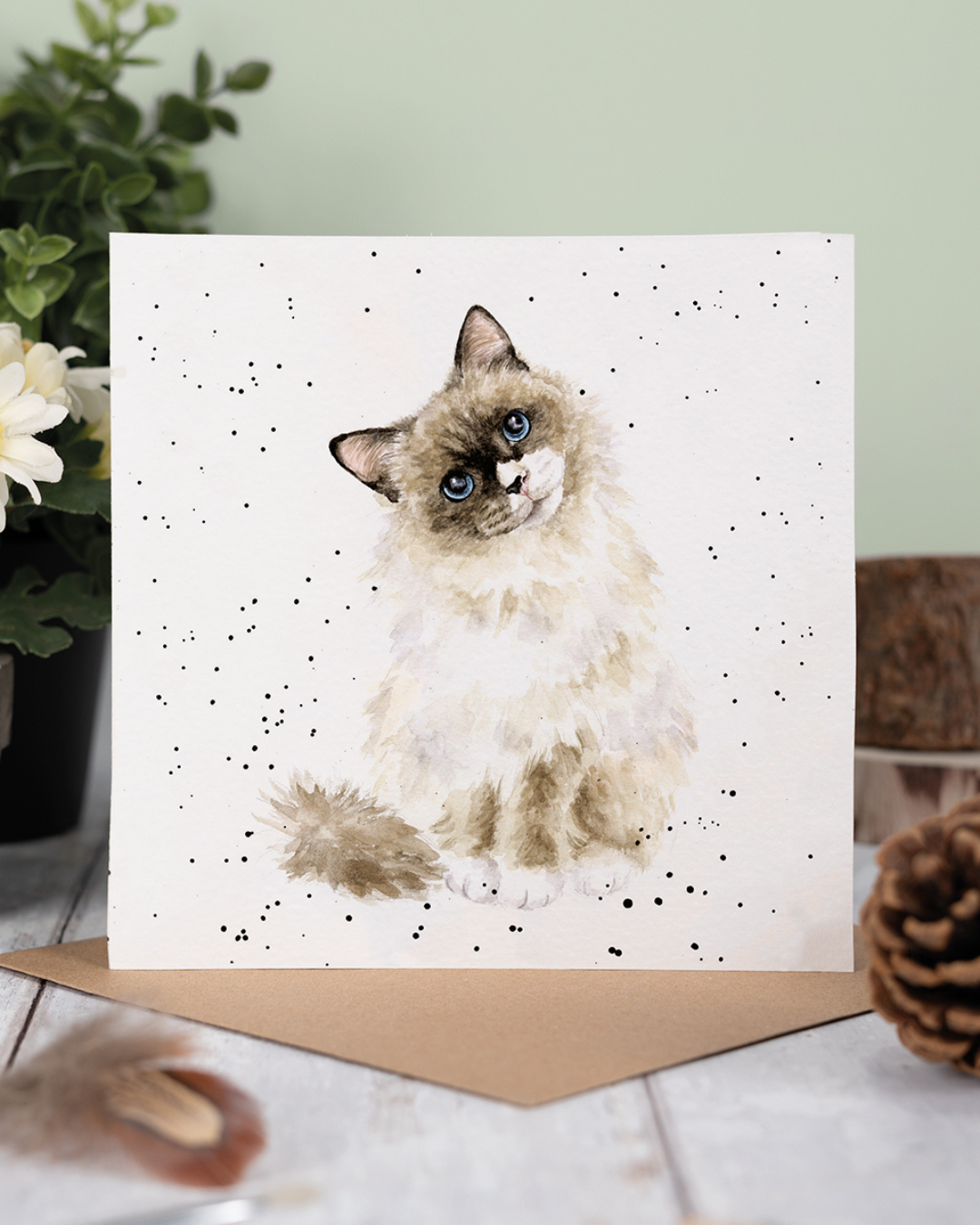 Dekoriertes Produktfoto der Katzen Grußkarte „Paws for Thought“ von Wrendale Designs, aufgestellt auf Holzoberfläche mit braunem Umschlag, grüner Pflanze und dezenter Naturdeko.
