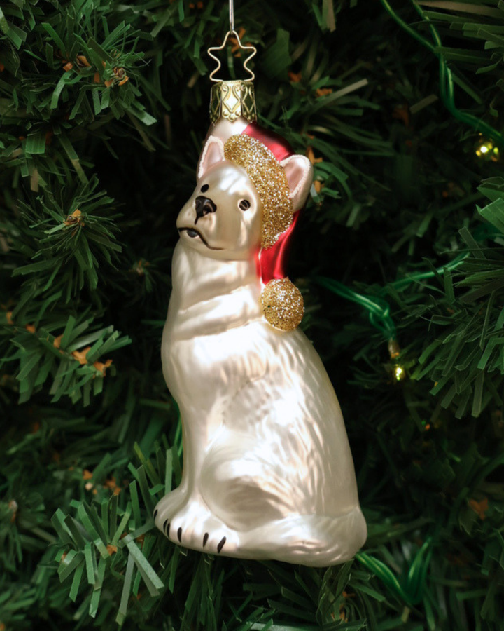 Hunde Weihnachtsbaumschmuck "Flocke" von Inge Glas. Der in Deutschland handgefertigte weiß-silbrige Hundeanhänger trägt eine rote Nikolausmütze mit goldenem Glitzer Saum und goldenem Glitzer Bommel. Hier an einem grünen Tannenbaum hängend.