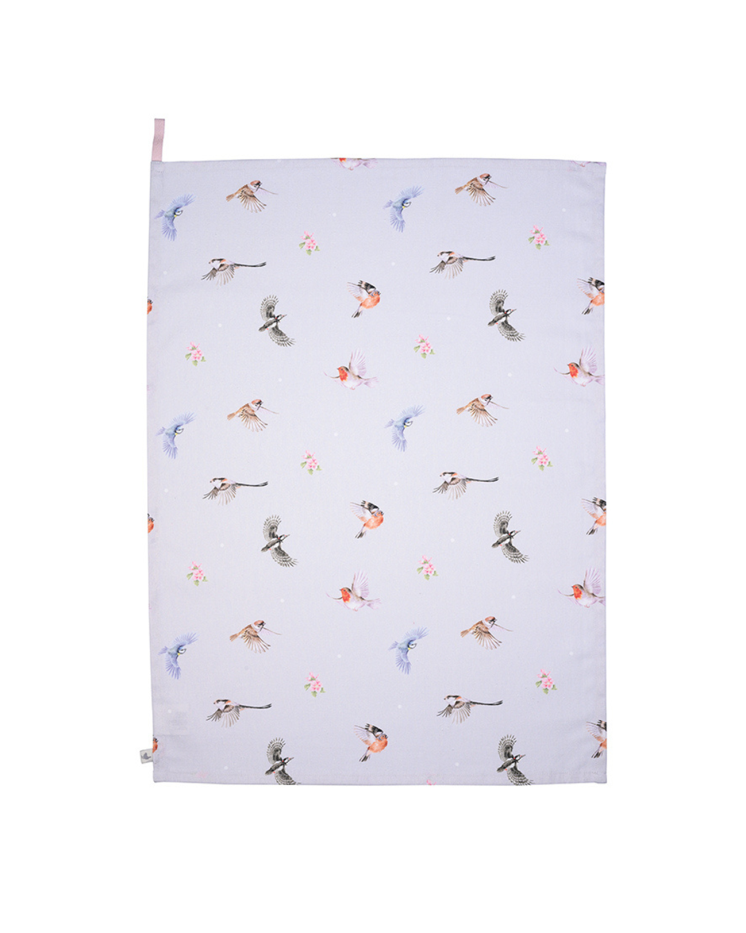 Detailansicht des Geschirrtuchs „Vögel“ von Wrendale Designs mit Vogelillustrationen von Hannah Dale vor weißem Hintergrund.