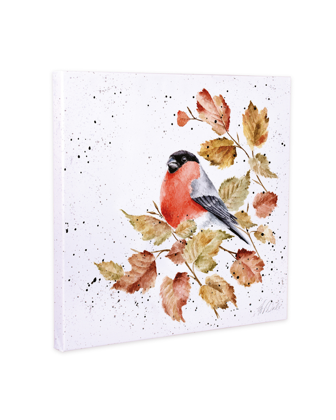 Illustration eines roten Dompfaffs, der zwischen herbstlich gefärbten Blättern sitzt, auf einer quadratischen Leinwand von Wrendale Designs.