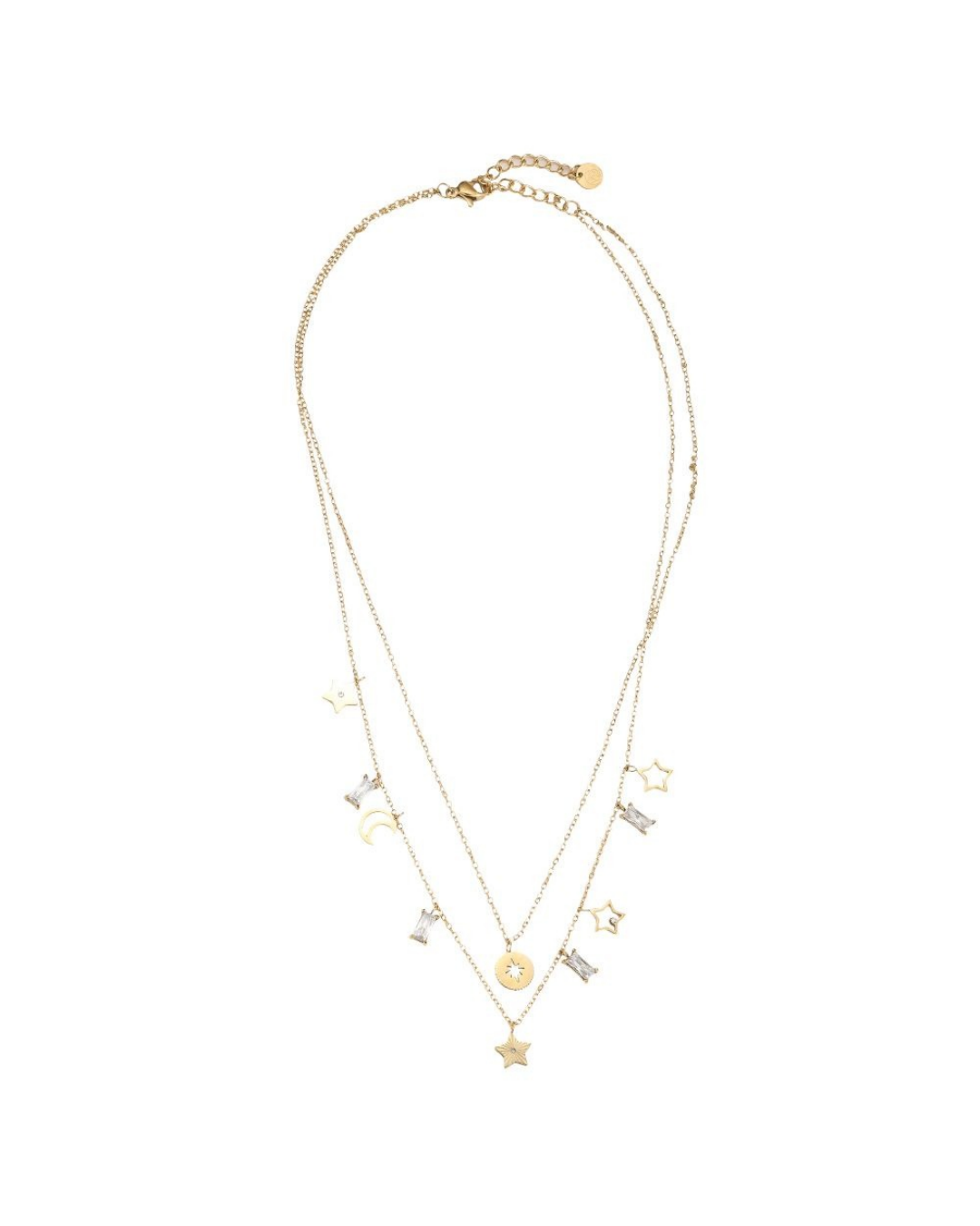 Doppellagige Kette mit Sternen und Mond von Dottilove in gold vor weißen Hintergrund. Die Kette ist größtenteils Gold mit Stern und Mond Anhängern und weißen Steinen.