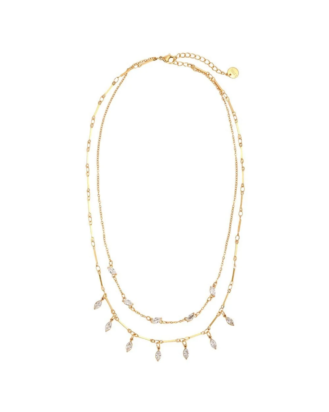 Doppellagige Kette mit weißen Steinen von Dottilove vor weißen Hintergrund. Die Kette ist größtenteils gold mit weißen ovalen Steinen.
