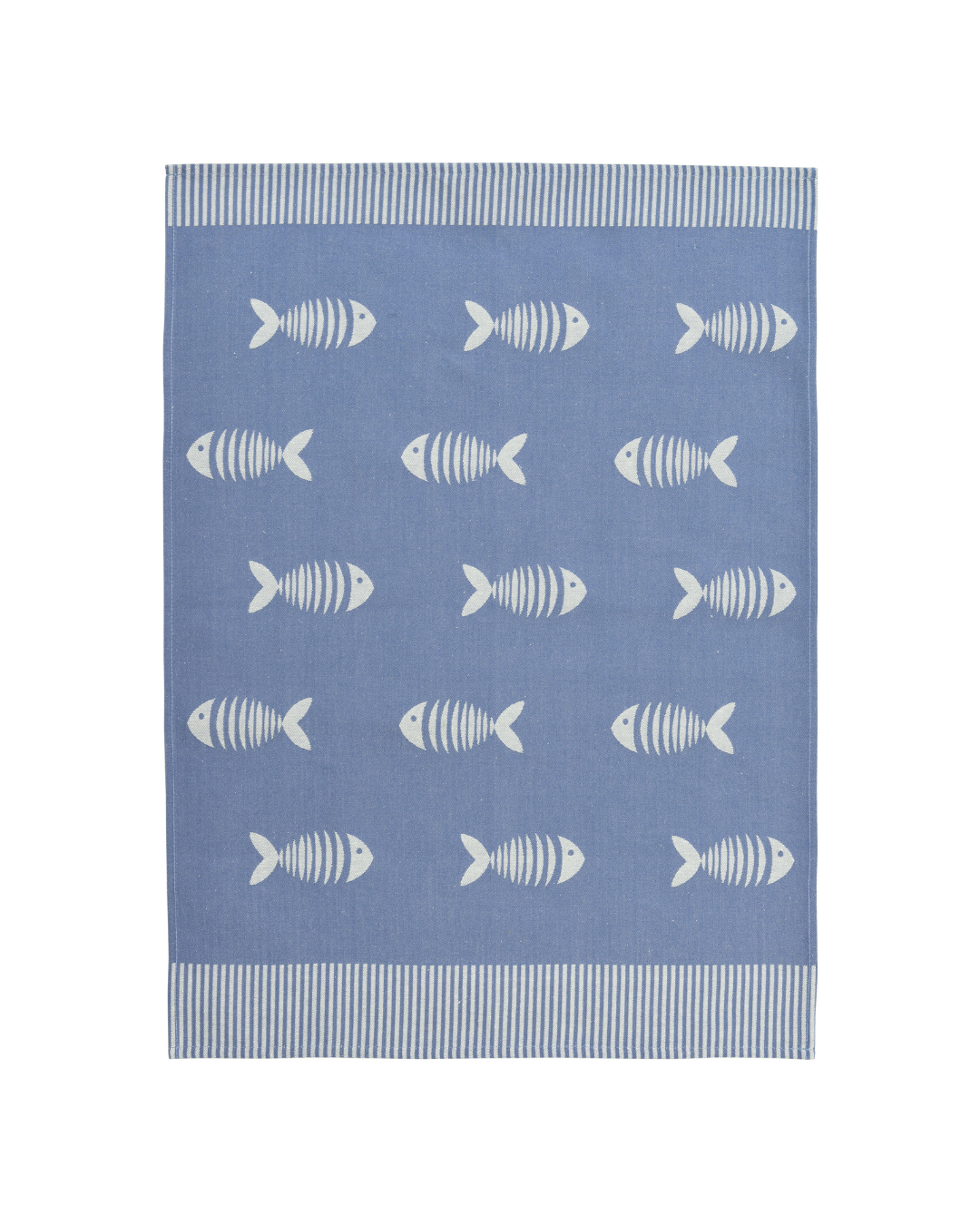 Dunkelblaues Fisch-Geschirrtuch „Omega“ von Sander aus Baumwolle mit regelmäßig angeordneten weißen Fischmotiven, freigestellt vor weißem Hintergrund.
