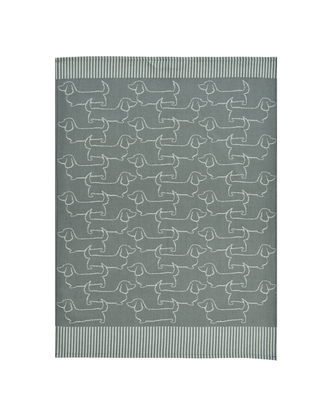 Dunkelgraues Dackel-Geschirrtuch „Schröder“ von Sander mit regelmäßig angeordneten hellen Dackelmotiven, freigestellt vor weißem Hintergrund.