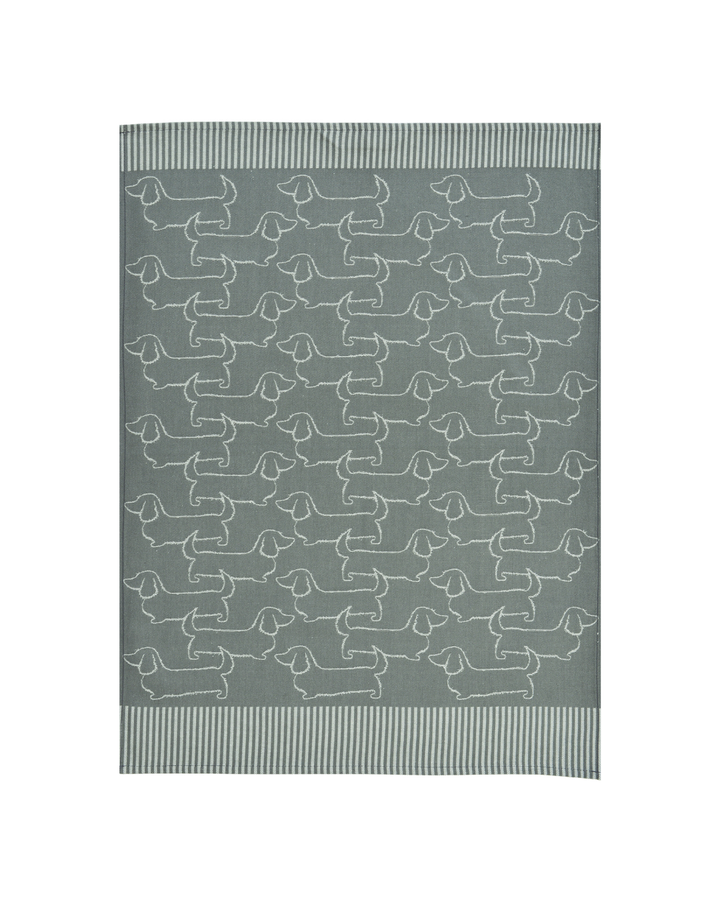 Dunkelgraues Dackel-Geschirrtuch „Schröder“ von Sander mit regelmäßig angeordneten hellen Dackelmotiven, freigestellt vor weißem Hintergrund.