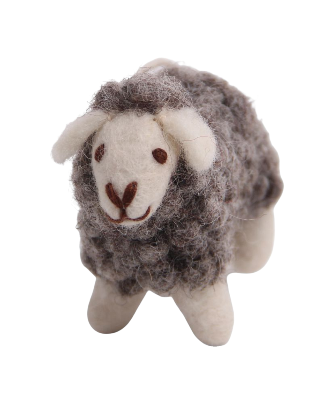 Dunkelgraues Schaf als Filzanhänger von Gry & Sif mit strukturierter Wolloberfläche und gesticktem Gesicht vor weißem Hintergrund.