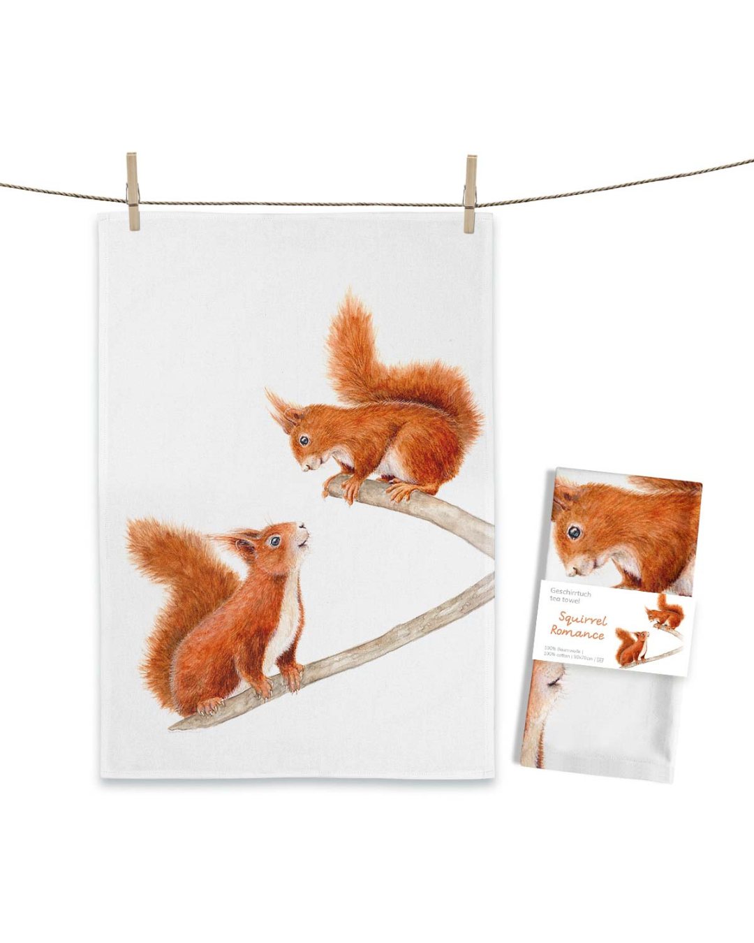 Maluu Geschirrtuch mit Eichhörnchenmotiv, aufgehängt an Wäscheleine