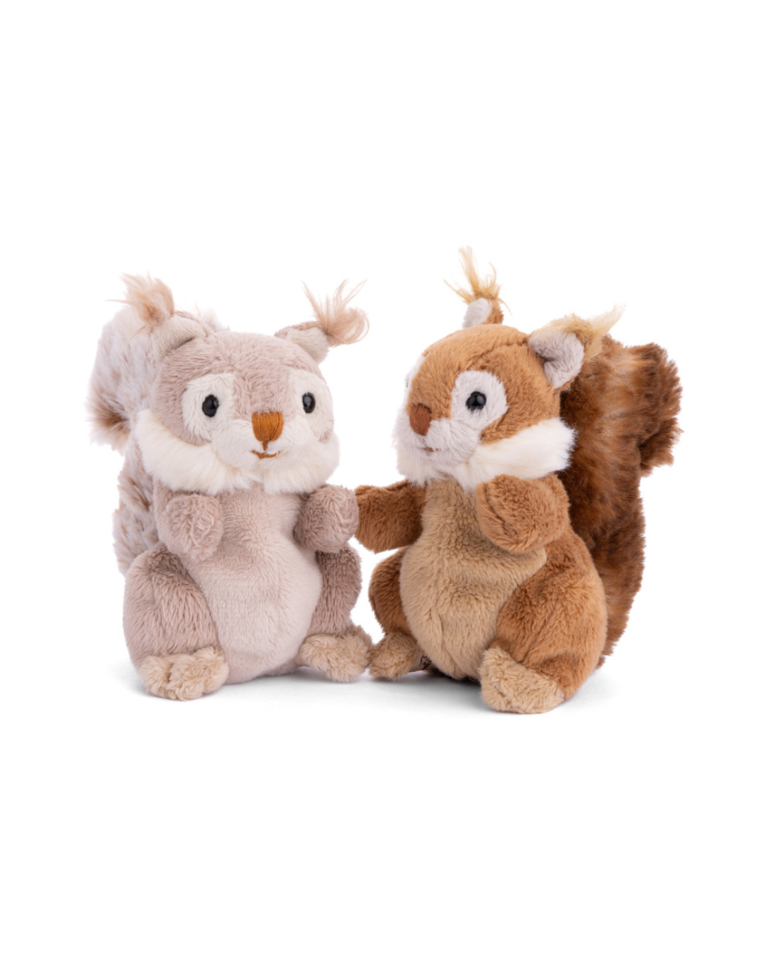 Zwei Eichhörnchen-Schlüsselanhänger von Bukowski (beige und braun) sitzen nebeneinander auf weißem Hintergrund.