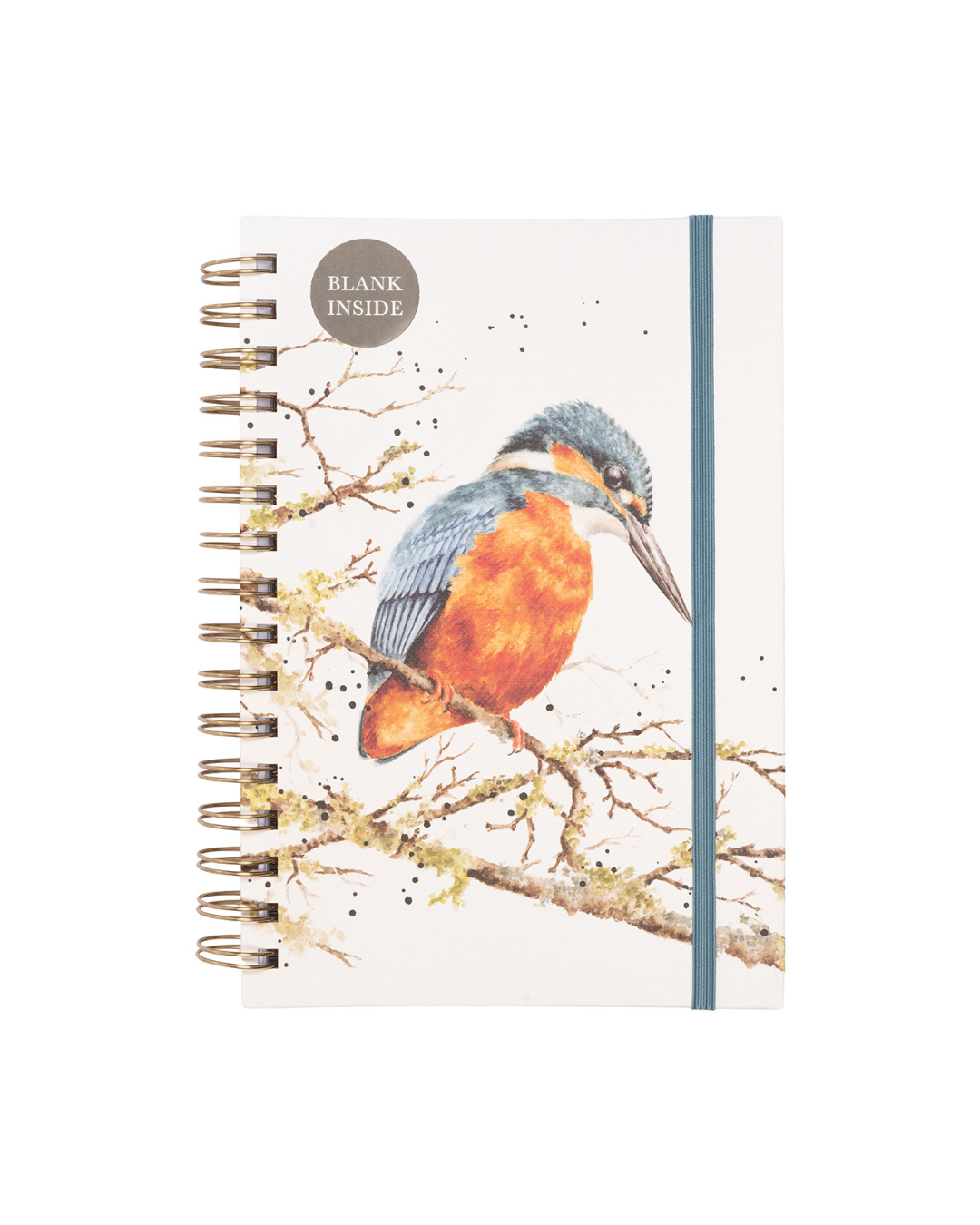 A5 Notizbuch von Wrendale Designs mit Eisvogel-Motiv auf cremefarbenem Einband, goldfarbener Spiralbindung links, blauem Gummiband und dem Hinweis „Blank inside“.