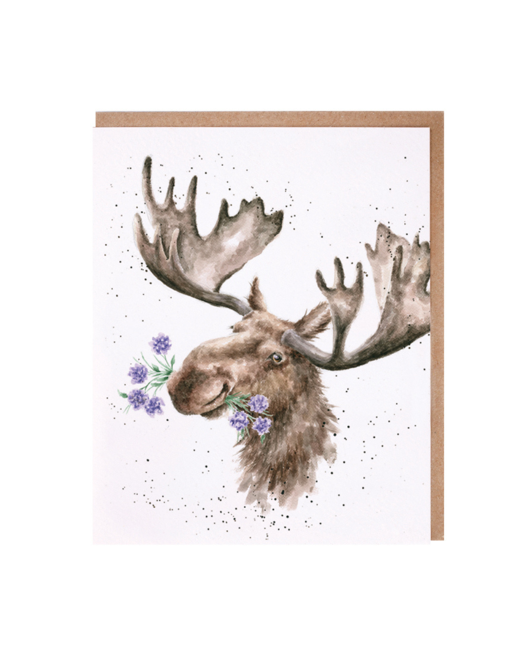 Grußkarte Mountain Ranger mit einem Elch, der Blumen im Maul hält, von Wrendale Designs. Die Karte ist im Hochkant-Format mit einer Illustration von Hannah Dale.