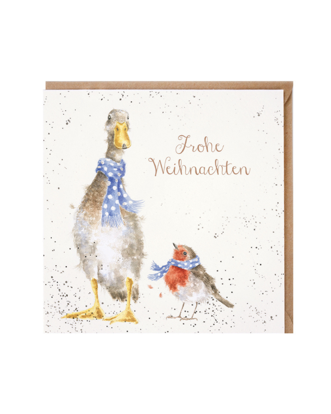 Weihnachtskarte Christmas Scarves mit Ente & Rotkehlchen von Wrendale Designs vor weißem Hintergrund.