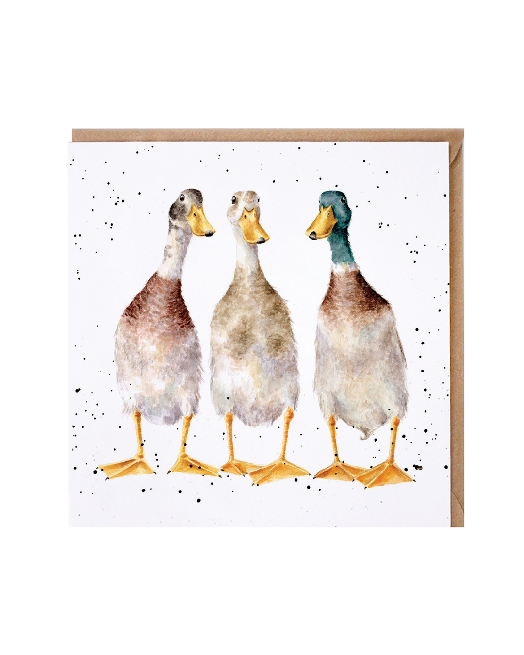 Enten Grußkarte „Tall Order“ von Wrendale Designs mit drei handillustrierten, aufrecht stehenden Enten in Aquarelloptik auf weißem Hintergrund mit feinen schwarzen Sprenkeln, brauner Umschlag im Hintergrund.
