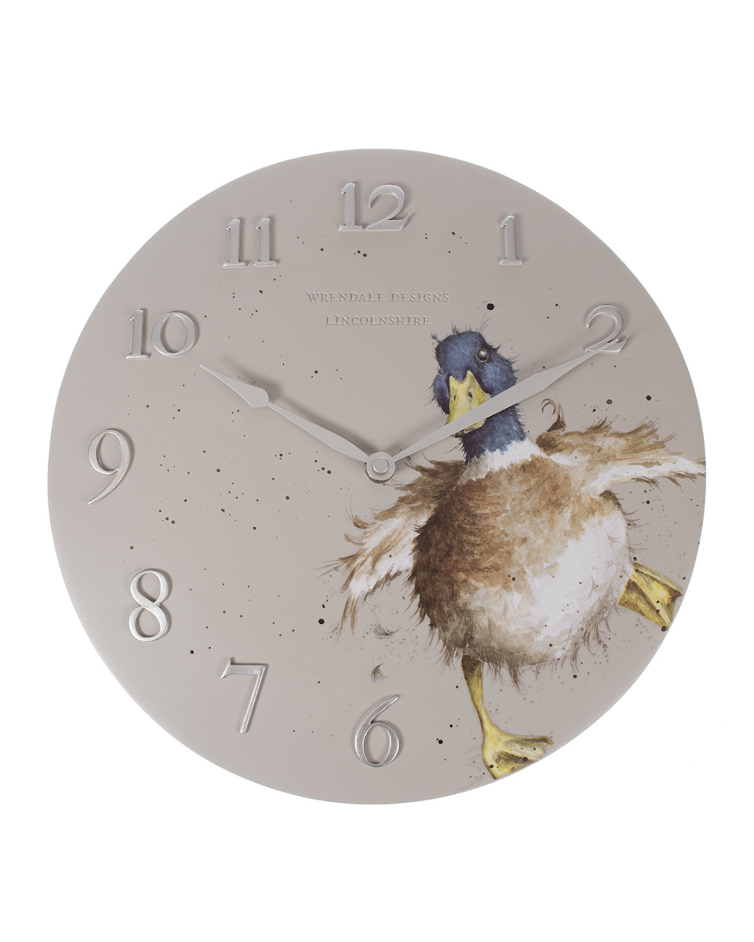 Enten Wanduhr von Grätz Verlag vor weißen Hintergrund. Zu sehen ist eine Ente welche in die Kamera schaut auf einem dunkel beigen Hintergrund.