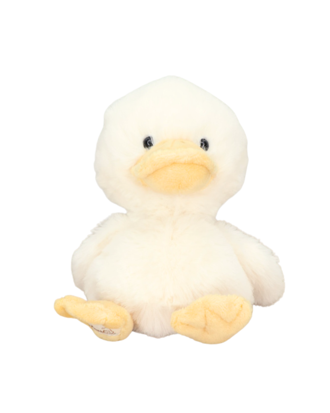 Ein weißes Entenküken Kuscheltier von Bukowski von vorne mit orangefarbenem Schnabel und Füßen.