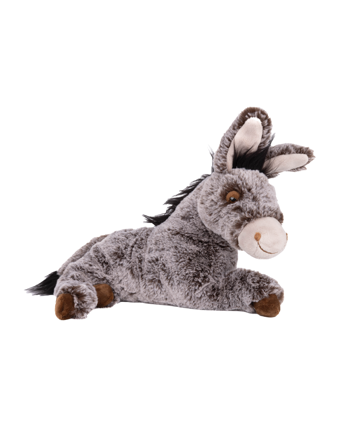 Esel-Kuscheltier "Christopher" von Bukowski, seitlich liegend. Das Kuscheltier hat graues Fell, schwarze Mähne und freundliche Augen.