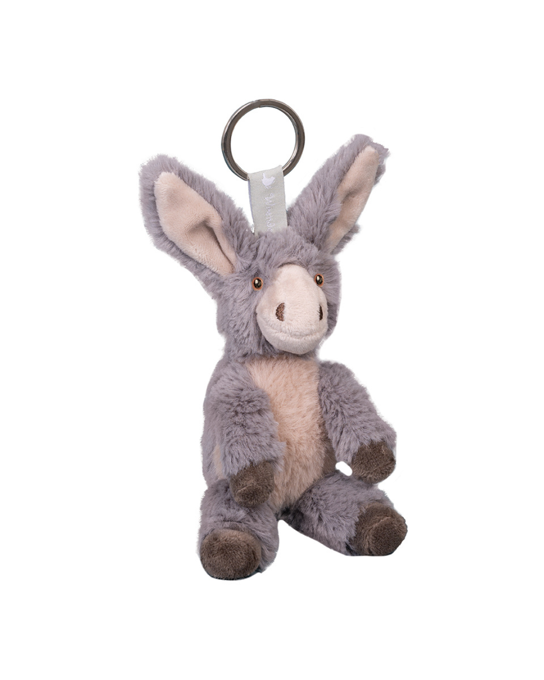 Esel Schlüsselanhänger Jack von Wrendale Designs freigestellt vor weißem Hintergrund, mit grauem Kuschelfell, hellerer Bauchpartie, großen Ohren und silbernem Schlüsselring.