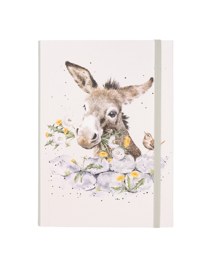 Geschlossenes Esel Flexi-Notizbuch B6 „Fine and Dandy“ von Wrendale Designs mit Eselillustration, Gummiband und hellem Hintergrund.