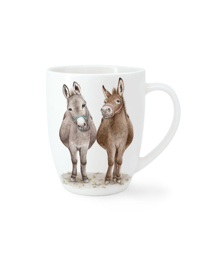 Esel Tasse Cheeky Donkeys von Maluu mit zwei illustrierten Eseln auf weißem Porzellan, Vorderseite mit Henkel