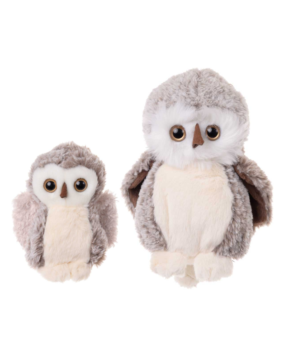 Zwei Eulen Kuscheltiere von Bukowski nebeneinander, links die kleinere Sweet Hoho und rechts die größere Great Hoho, freigestellt vor weißem Hintergrund.
