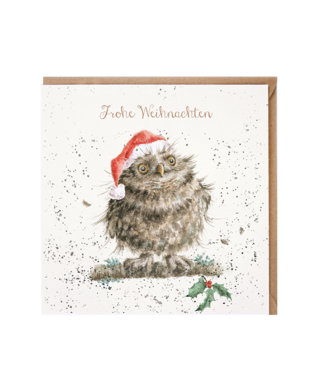 Weihnachtskarte Christmas Owl mit Eulen-Motiv von Wrendale Designs vor weißem Hintergrund.