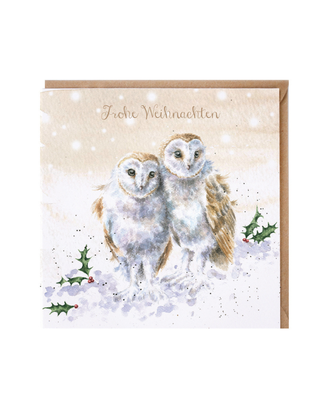 Weihnachtskarte „A White Christmas“ als Doppelkarte mit Umschlag von Wrendale Designs vor weißem Hintergrund. Die winterliche Illustration von Hannah Dale zeigt zwei Eulen im Schnee mit Stechpalmenzweigen.