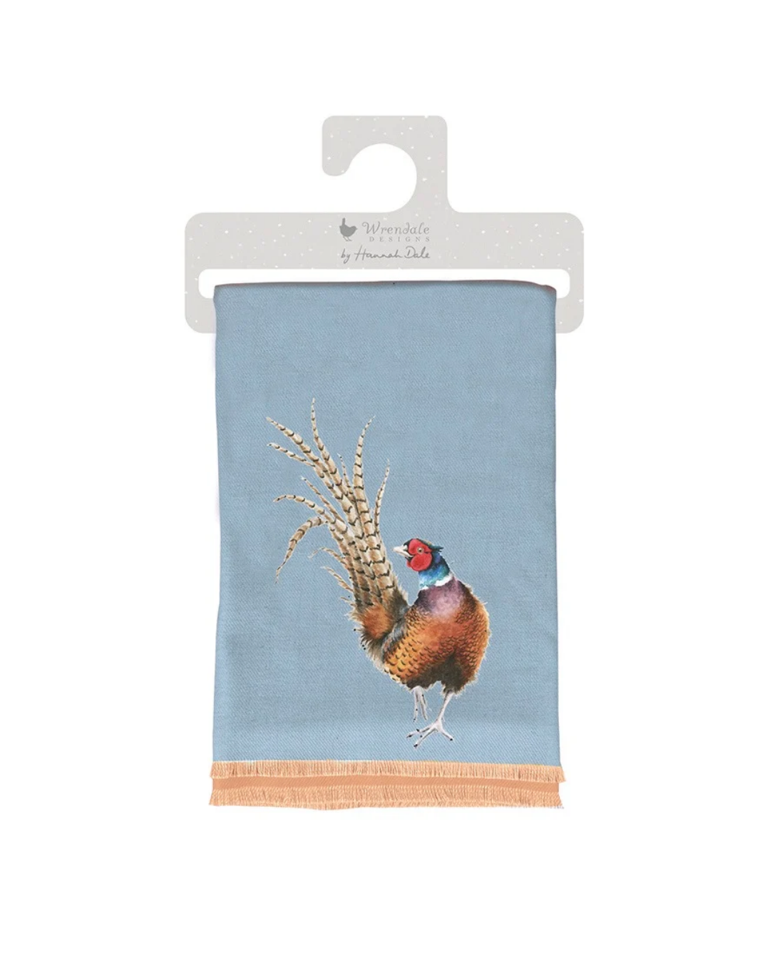 Fasan Schal "Country Colours" von Wrendale Designs vor weißen Hintergrund. Der Schal ist hellblau mit einem Fasan als Motiv.