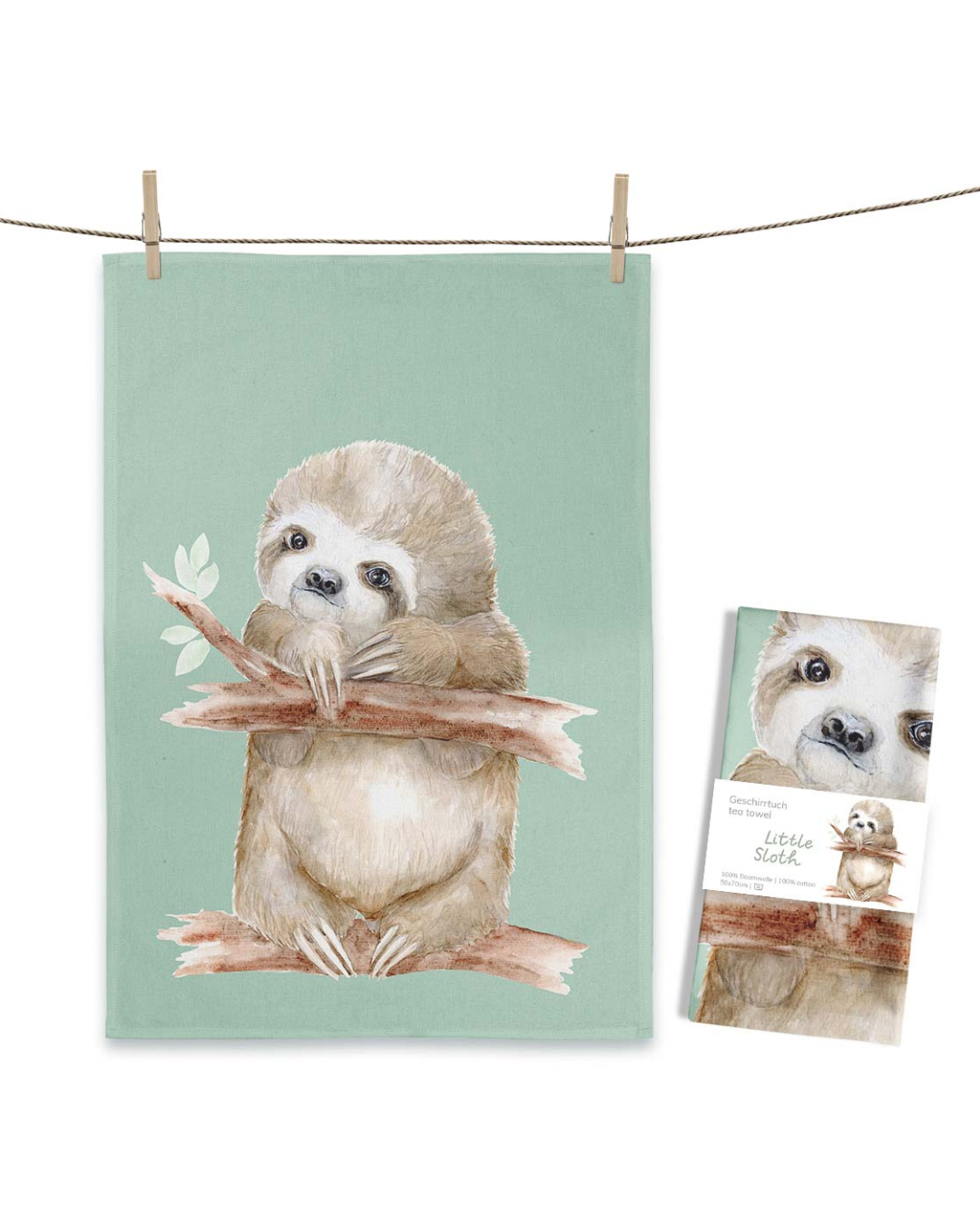 Geschirrtuch „Little Sloth“ von Maluu mit Faultier auf mintgrünem Hintergrund
