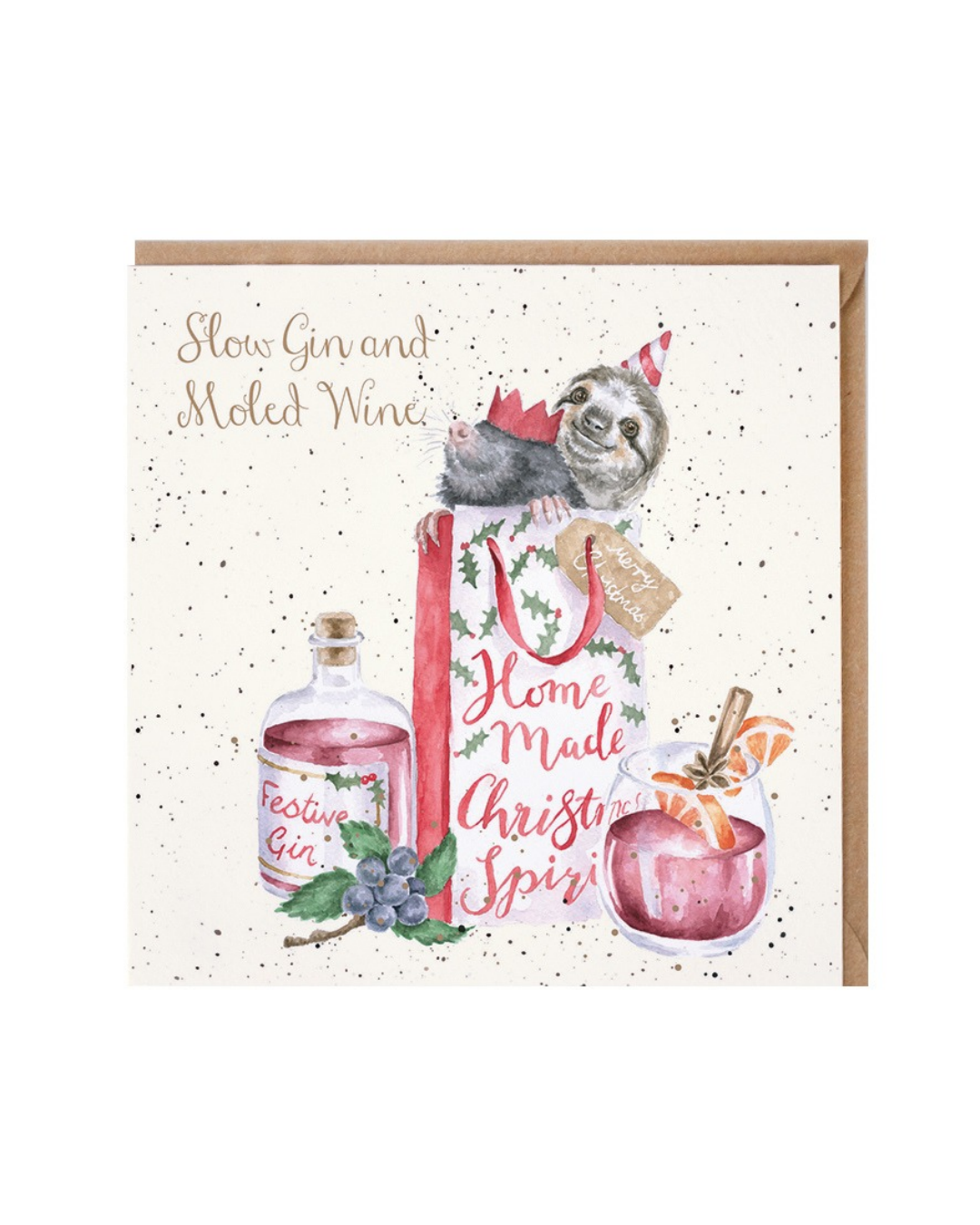 Weihnachtliche Faultier und Maulwurf Doppelkarte "Slow Gin and Moled Wine" von Wrendale Designs
