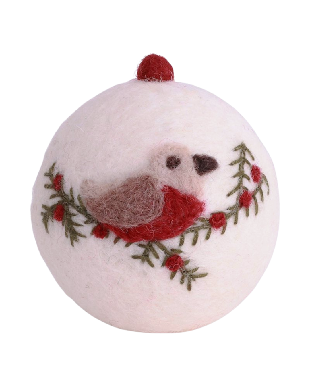 Handgefertigte Weihnachtsbaumkugel aus Filz von Gry & Sif. Weiße Filzkugel mit rot braunen Vögelchen und gestickten Zweigen.