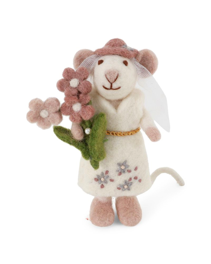 Abgebildet ist das Hochzeitspaar Maus als Filzanhänger von Gry & Sif in Rosa mit weißem Kleid.