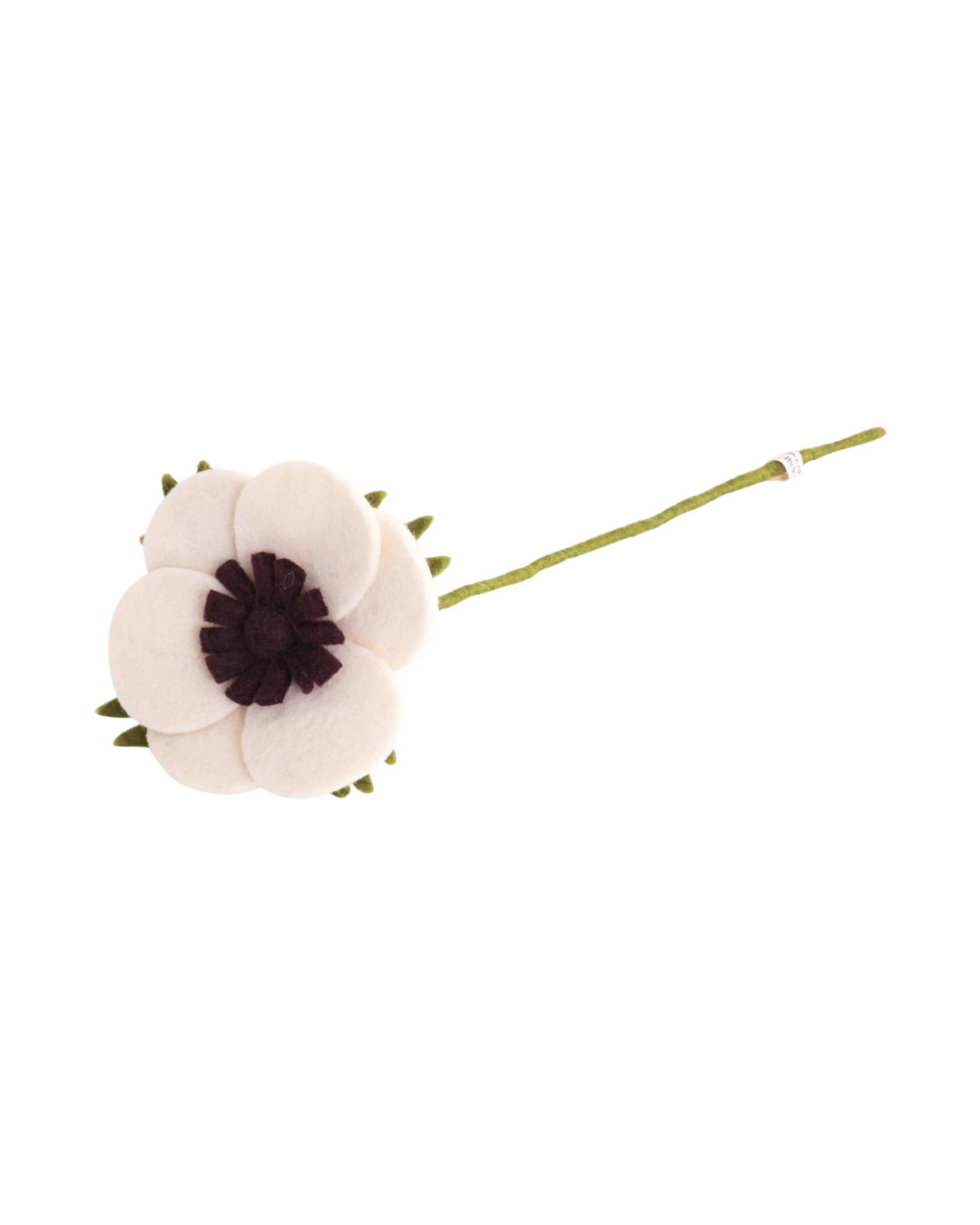Abgebildet ist die Filzblume Anemone von Gry & Sif in Weiß an einem grünen Stiel.