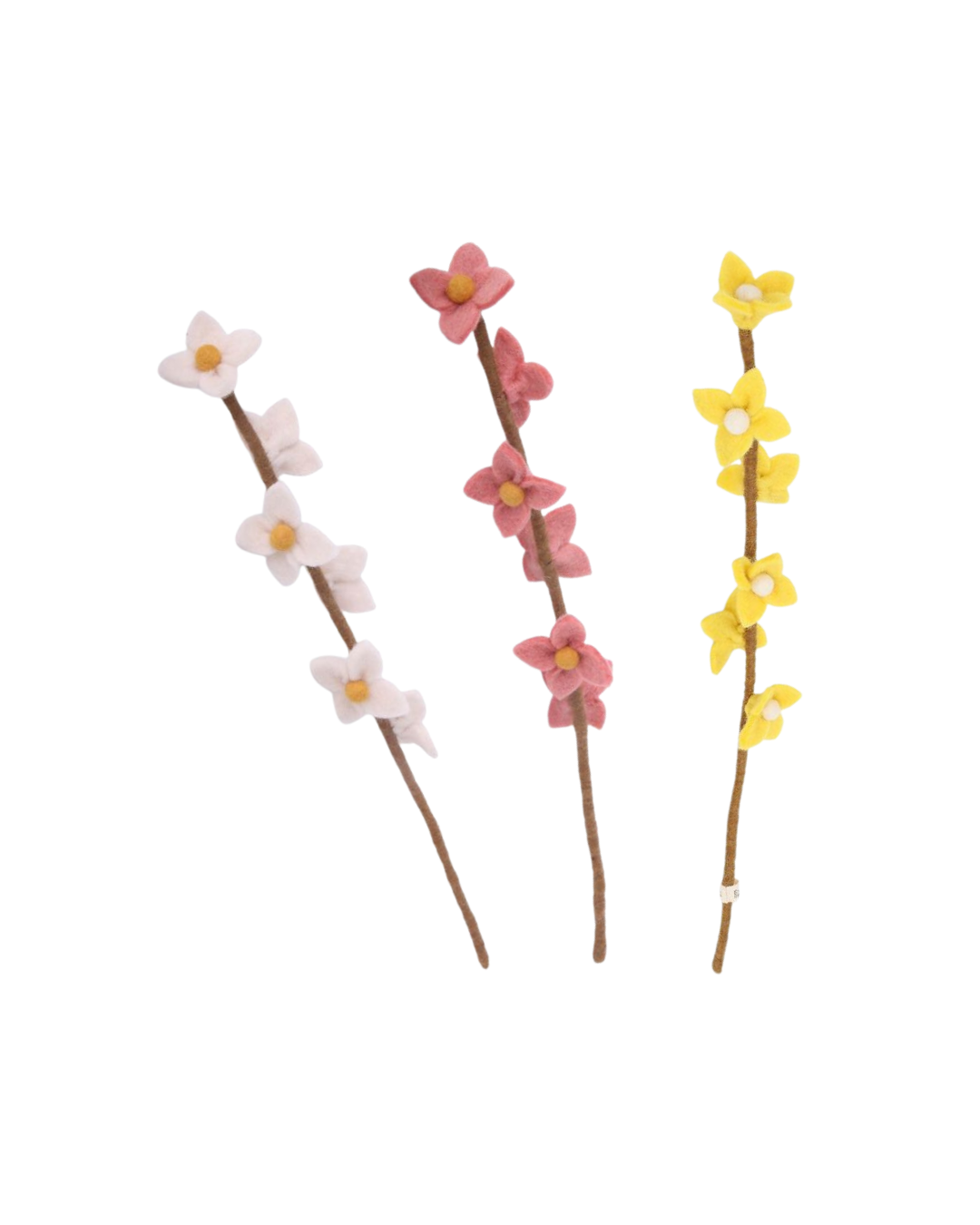 Abgebildet sind die 3 Filzblumen "Frühlingsblüten Ast" von Gry & Sif an einem braunen Stiel.